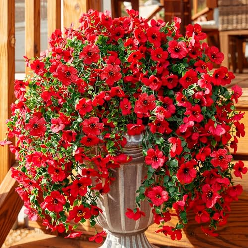 Suncalla 4 Pcs 30In Artificial Hanging Flowers for Outdoor Planter 156 Branches Trailing Faux Potted Plant Fake Floral UV & Fading Resistant for Wedding Patio Spring Summer Decor(Red) - color: Red