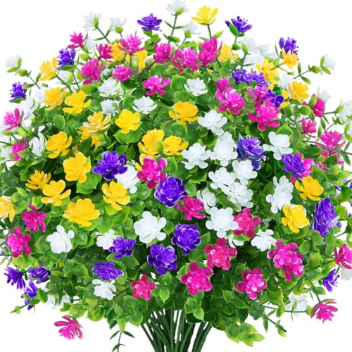8 Bundles Outdoor Artificial Fake Flowers UV Resistant No Fade Boxwood Faux Plastic Shrubs Plants for Garden Patio Porch Window Box Home Wedding Farmhouse Hanging Décor - color: Mix Colors