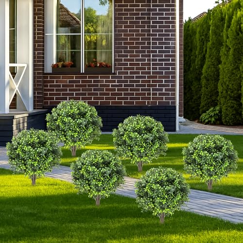 Artificial Boxwood Topiary Balls – 24" Set of 2 Faux Shrub Bushes with Ground Spike & Garden Tools – UV Resistant Faux Plants for Outdoor Planters, Porch & Front Door (Boxwood Topiary Ball) - color: Boxwood Topiary Ball