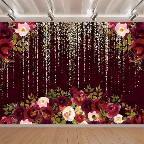 Red Rose Floral Theme Photography Backdrops Luxurious Vintage Red with Gold-Speckled Rose Backdrop Bridal Shower Wedding Anniversary Reception Ceremony Portrait Photo Booth Prop (C, 7 * 5feet) - color: C, size: 7*5feet