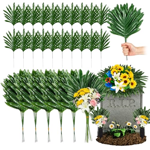 Lebaley 48 PCS Artificial Palm Leaves Cemetery Flowers - Faux Palm Fronds with Stems,Fake Greenery Stems Grave Decor,Palm Fronds for Cemetery Saddles,Memorial Day,Veterans Day,Independence Day - size: 48pcs