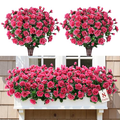Alupssuc 8 Large Bundles Artificial Flowers for Outdoors Spring Decoration, UV Resistant Faux Flowers Silk Camellia Realistic Fake Flowers for Yard Patio Planter Porch Balcony Garden, Rose - color: Rose