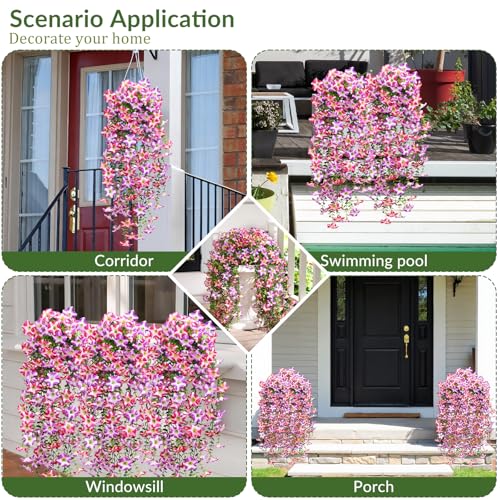 Waipfaru Artificial Petunias Flowers for Outdoors, 4 Pcs UV Resistant Fake Hanging Plants Spring Outside Decor, Faux Silk Flowers Long Trailing Vines for Outdoor Planters Porch Garden (Purple Fuchsia) - color: Rose, size: 4 PCS