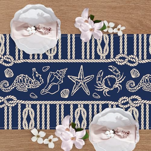 Navy Blue Nautical Dining Table Runner, Coastal Beach Ropes Starfish Crab Seahorse Conch Shell Burlap Kitchen Decoration, Ocean Marine Life Indoor Outdoor Home Decor Party Supply 13 x 36 Inches - color: Navy Blue Nautical, size: Table Runner 13''X36''