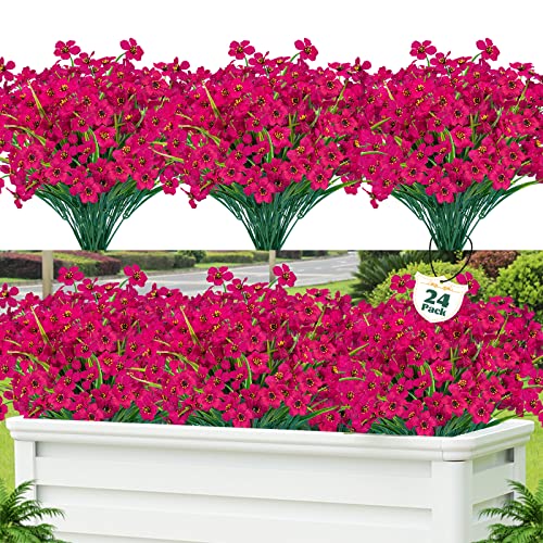 Lnoicy 24 Pcs Artificial Flowers for Outdoor,Plastic Flowers Decoration, UV Resistant Faux Flowers Shrubs, Artificial Plants for Indoor Outside Garden Home Wedding Farmhouse(Rose Red) - color: Rose Red, size: 24
