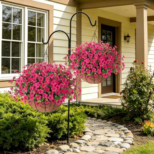 HyeFlora 2 Set Artificial Outdoor Flowers Hanging Basket, Faux Hanging Plants for Outside Spring Decoration, Fake Silk UV Resistant Look Real Daisy for Porch Patio Home Decor - color: Rose Red