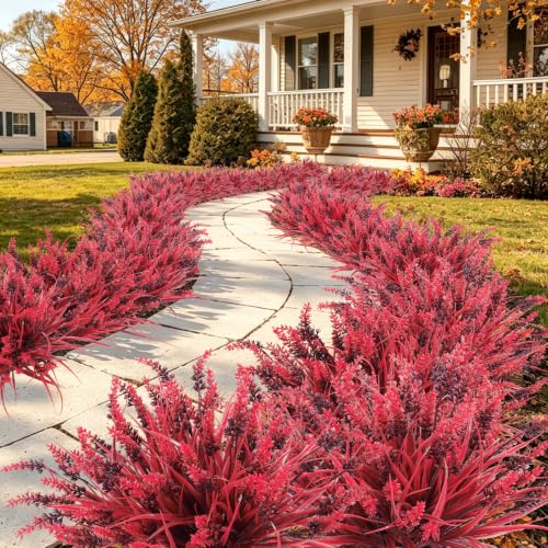 RECUTMS 12Pcs 14.6" Artificial Fall Flower Plants Outdoors Faux Greenery | UV Resistant,Faux Greenery Shrubs,Wine Red Fake Grass with Flowers,Artificial Shrub for Garden Patio Porch Outdoor Decor - color: Wine Red