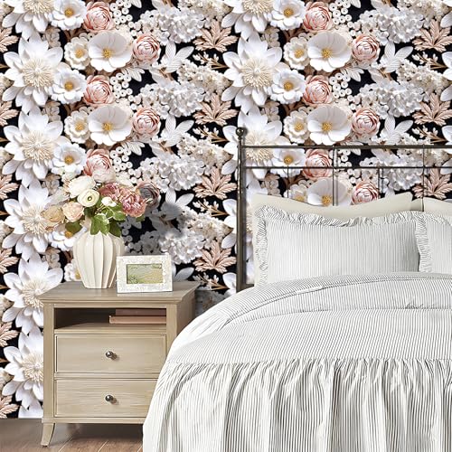 FunStick White 3D Floral Wallpaper Pink Embossed Flower Peel and Stick Wallpaper for Bedroom Wall Decor Ceiling Black White Floral Contact Paper for Cabinets Waterproof Removable Wall Paper 17.5"x118" - size: 118" x 17.5"