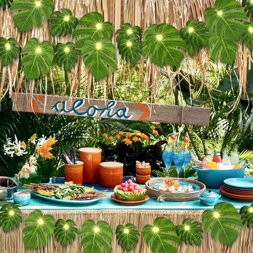 GuassLee 13.12 FT Hawaiian Tropical Party Decoration String Lights-40 LED Monstera Leaf String Lights for Luau Aloha Jungle Themed Party Decorations Supplies (2 Pcs)
