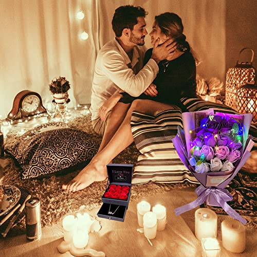 EIGHTOWN Roses Bouquet Fake Artificial Flower - Preserved Red Flowers with Love Necklace for Her - Unique Gifts Valentine's Day, Mother's Day, Thanksgiving, Birthday, Anniversary - color: Purple
