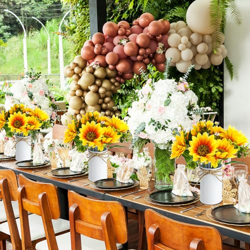 SiliFine 12 Sets Sunflowers Centerpieces for Tables Artificial Sunflower with Vase Rustic Yellow Fake Flower for Wedding Decor Spring Summer Picnic Centerpieces Home Kitchen Shelf Decor (White) - color: White