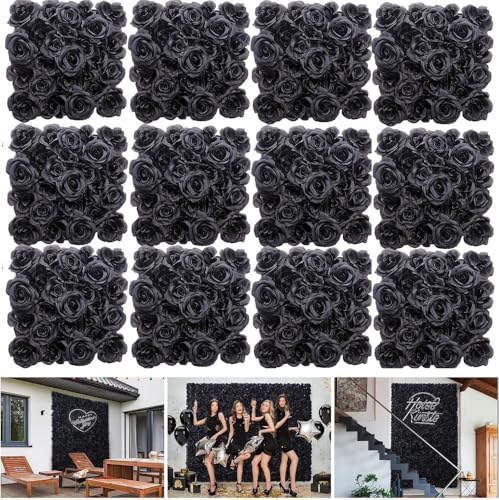 Black Silk Rose Flower Panels Wall, 12 Pcs Artificial Flowers Decoration for Welcome Table, Party, Anniversary, Church Wall, Stage Background, 25x25cm