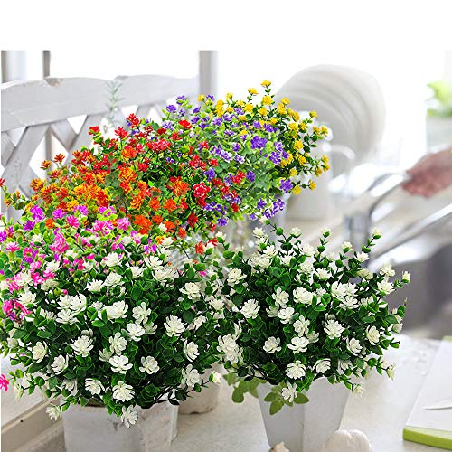Grunyia 10 Bundles Artificial Fake Flowers, Faux Outdoor Plastic Plants UV Resistant Shrubs Outside Indoor Decorations (White-Eucalyptus) - color: White-eucalyptus