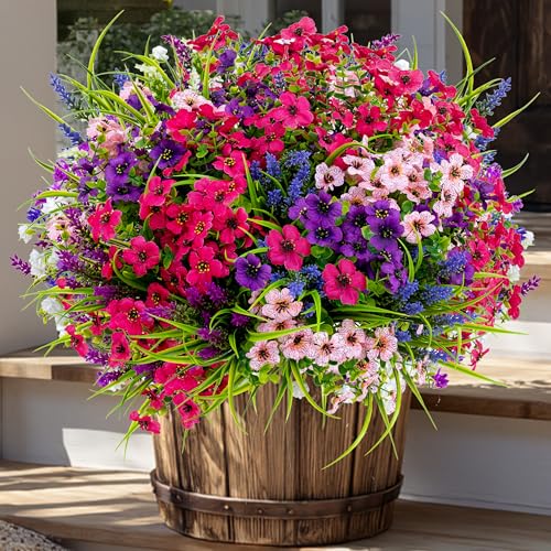AXYLEX Artificial Flowers Outdoor Shrubs - 16 Bundles Fake Plants UV Resistant No Fade Faux Plastic Greenery Home Garden Porch Patio Decoration Office Indoor (1, Multi-16pcs) - color: 16 Pcs - Pink+purple+red Pink+lavander