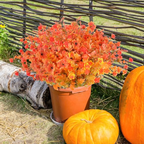 AmyHomie 16 Bundles Mix Orange Artificial Fall Flowers for Outdoor Fall Decor UV Resistant Fake Mums No Fade Fake Plastic Plants Garden Porch Window Box Decorating - color: Mix Orange, size: 16