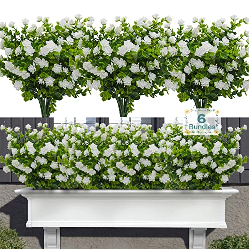 6 Bundles Artificial Flowers for Outdoors,UV Resistant Realisic Fake Plastic Plants Artificial Shrubs Fall Flowers Decor of Vase and Outside Window Box, Ferns Plants for Planter-White - color: White, size: 6PCS