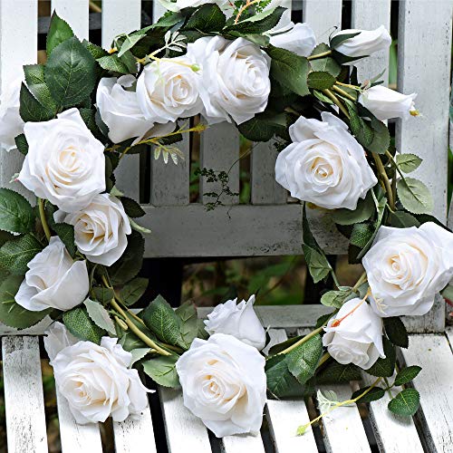 FiveSeasonStuff Floral White Artificial Silk Roses Flower Garland, Bendable Hanging Vine (2pcs, 11ft) - color: Floral White