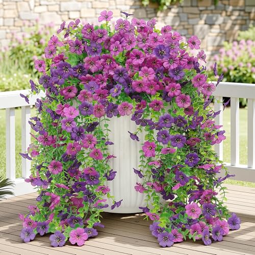 Artificial Hanging Fake Flowers Plants Spring Summer Decoration for Outdoor, 4PCS Faux Silk Daisy UV Resistant for Outside Realistic plastic Flowers Home Porch Patio Balcony Yard Decor(Double Purple) - color: Doublepurple