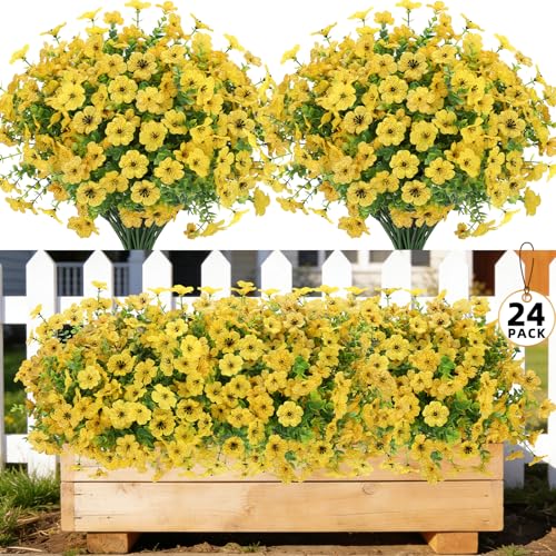 24 Bundles Artificial Flowers for Outdoors, UV Resistant Faux Flowers for Outdoor Planters, Fake Flowers for Outside Porch Patio Window Box, Mixed Color Daisy Bushes for Garden Decor(Yellow) - color: Yellow