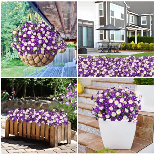 Artificial Flowers for Outdoors, 16 Bundles Mix Color Silk Faux Flowers Morning Glory UV Resistant Eucalyptus Plants Fake Petunias Plants for Porch Garden Planters Window Box Outside Indoor Decor - color: Purple Gradient Purple