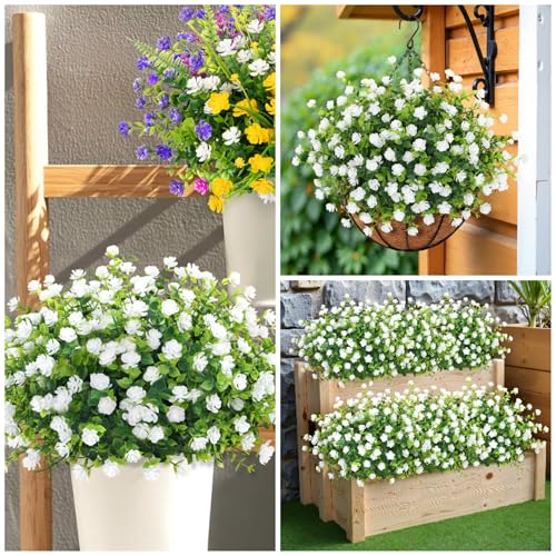 Bassion 20 Bundles Artificial Flowers for Outdoors, UV Resistant Faux Plants Outdoor Indoor Fake Flowers Plastic Greenery Shrubs Eucalyptus Stems for Garden Fence Patio Window Box Porch Pot Decor - color: White