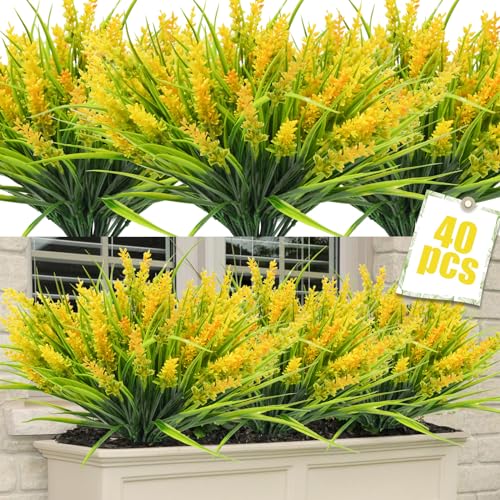 40 Bundles Artificial Plants Outdoor Fake Monkey Grass with Lavender Flowers Plastic UV Resistant Greenery Shrubs for Window Box Porch Garden Patio Outdoor Decor(Yellow) - color: Yellow