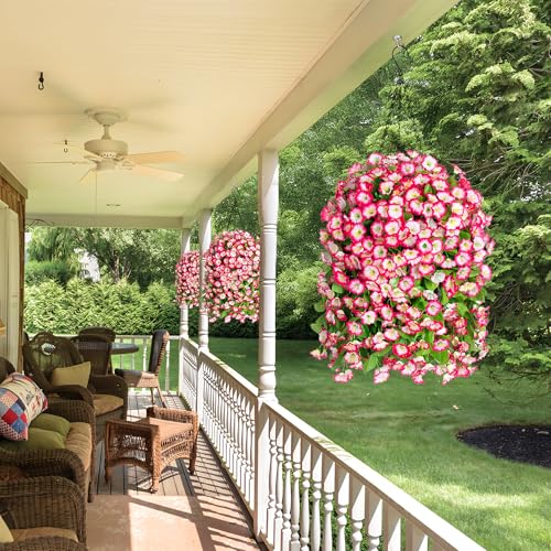 Ammyoo Artificial Faux Hanging Flowers Basket for Spring Summer Outdoor Porch Decor, Fake Silk Colorful Morning Glory Eucalyptus in Planter UV Resistant Look Real for Home Patio Balcony Yard(Pink) - color: Pink