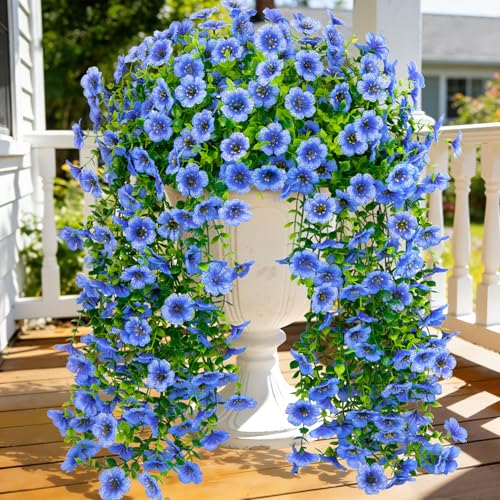 4 Pcs Artificial Hanging Flowers for Outdoor, Fake Silk Daisy Flowers Spring Summer Decoration UV Resistant Faux Plants for Planter Front Door Porch Patio Balcony Yard Decor, Blue - color: Blue