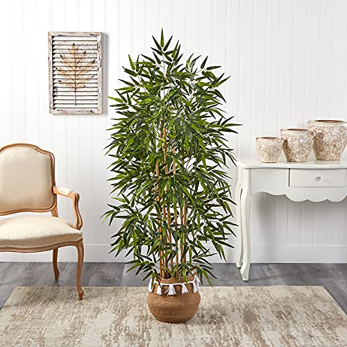 Nearly Natural 64in. Bamboo Artificial Tree with Natural Bamboo Trunks in Boho Chic Handmade Natural Cotton Woven Planter with Tassels