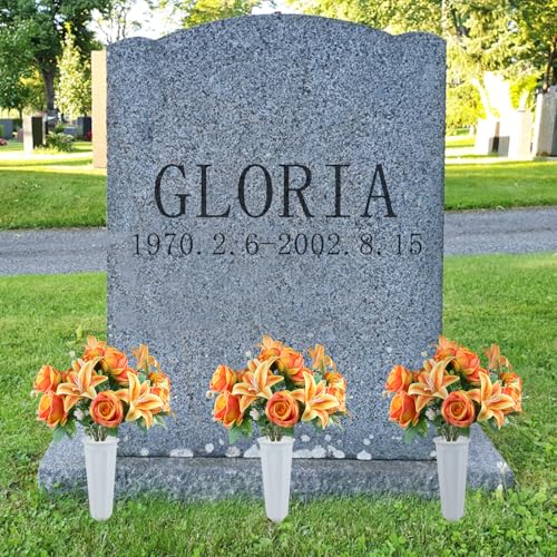 2 Set Artificial Cemetery Flowers with Grave Vase-2 Bunches Lilies & Rose Mixed Orangish Yellow Silk Memorial Flowers-2 Cemetry Vase with Foam for Outdoor Headstones Gravesite Graveyard Decorations - color: Orangish Yellow