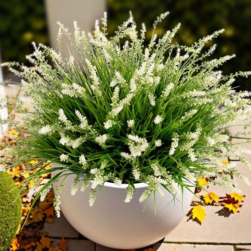 Ammyoo Artificial Faux Plants Flowers for Outdoor Decorations, Fake Monkey Grass for Outside Porch Patio, No Fade Realistic Greenery Plant, UV Resistant Artificial Shrubs for Courtyard Window Garden - color: White, size: 12 Pcs