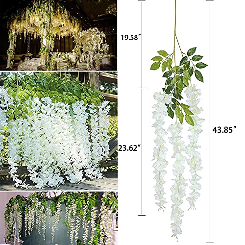 WEISPARK Fake Hanging Flowers - 24 Pieces 3.75 Feet/Piece Artificial Wisteria Vine Ratta Hanging Garland Silk Flowers for Home Party Wedding Decor (White-24pcs) - color: 24pcs-white