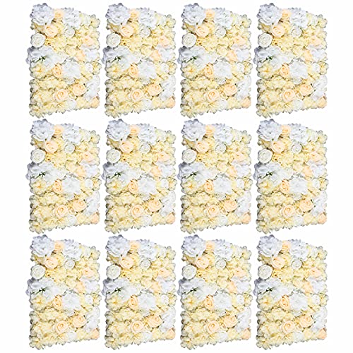 DNYSYSJ Flower Wall 12PCS 23.62" x 15.75" x 0.79" Lifelike White Hydrangea Artificial Champagne Rose Flowers Panel Silk Fabric Wall Mat for Garden Patio Wedding Stage Indoor Outdoor Decor - color: Gradient Champagne, size: 12 pieces