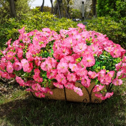 HyeFlora Artificial Flowers for Outdoors Fake Plants Outside Decoration, 12 Bundles Silk Pink Morning Glory with Eucalyptus UV Resistant Look Real Faux Flowers for Planter Front Door Yard Gardens Home - color: Gradient Pink
