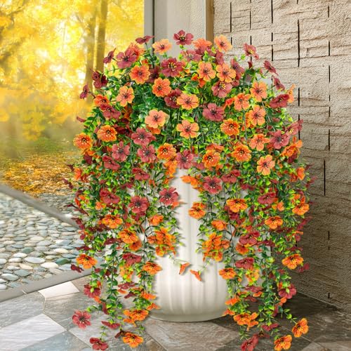 4Pcs Artificial Flowers Hanging Garden Decoration Outdoors Fall Realistic Plants Silk Flower Autumn Fake Flowers for Porch Patio Balcony Planter Yard (Dark Red+Orange) - color: Dark Red+orange