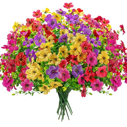 Der Rose 12 Bundles Artificial Flowers for Outdoors Fake Flowers Plants Spring Summer Decoration UV Resistant for Outside Home Porch Patio Garden Decor - color: Yellow / Red / Purple / Rose Red