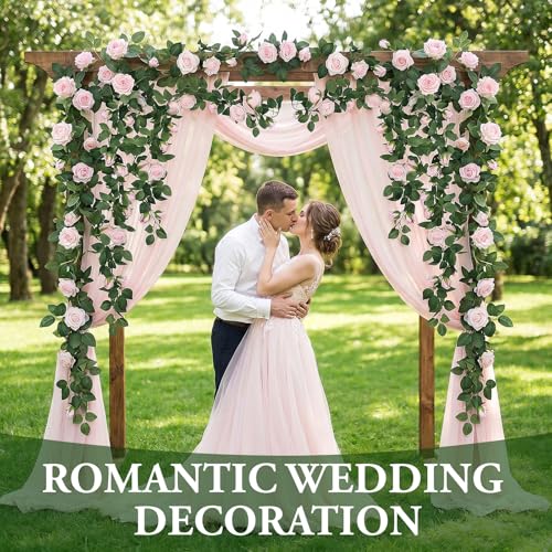 Zeyune 8 Pcs 54ft Artificial Pink Rose Flower Garland Realistic Silk Fake Flowers Hanging Vine for Wedding Party Arch Table Centerpieces and Wall Decor, Easy to Arrange - color: Pink