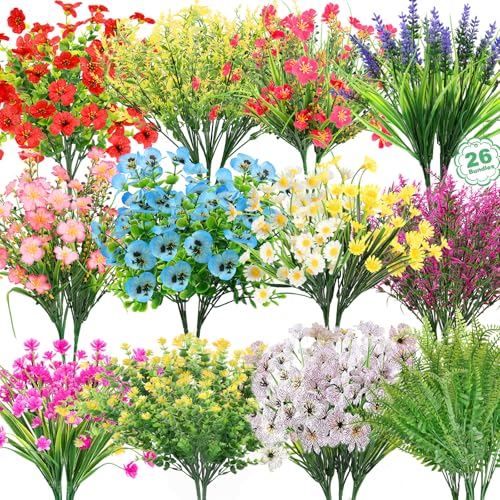 26 Bundles 13 Style Artificial Flowers for Outdoors Multicolor Fake Flowers Plastic Plants Faux Lavender Pansies UV Resistant for Spring Summer Garden Patio Hanging Planter Window Box Vase Decor - color: Faux Flowers for Outdoors