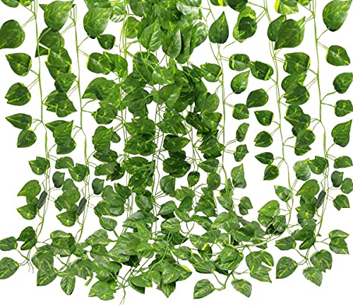 Unilove 84 feet 12 Pack Fake Vines Artificial Ivy Leaves Plants Hanging Greenery Plant Garland for Bedroom Office Wall Decor Indoor Outdoors (84Ft Artificial Scindapsus Leaves) - color: 84ft Artificial Scindapsus Leaves
