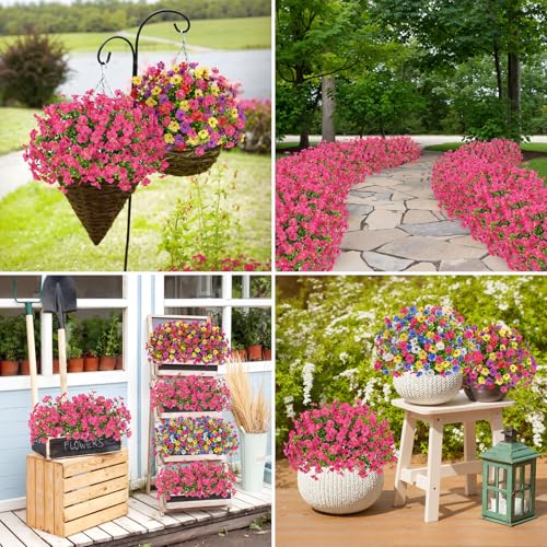 Bassion Artificial Flowers for Outdoors, 16 Bundles UV Resistant Fake Flowers Realistic Silk Faux Plants for Outdoor Planter Window Box Porch Patio Garden Home Outside Decorations - color: Fuchsia