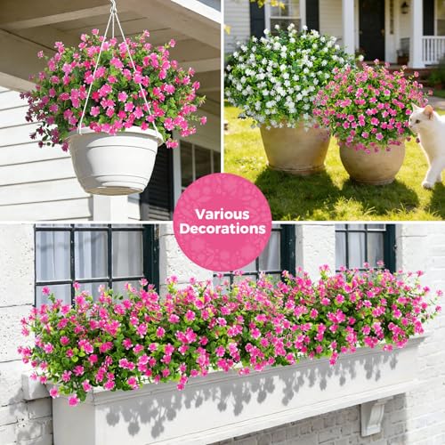 Roberly 24 Bundles Artificial Flowers for Outdoors, UV Resistant Eucalyptus Fake Flowers Shrubs Greenery Plastic Plants for Garden Porch Window Box Farmhouse Indoor Home Decor, Pink - color: Pink
