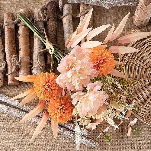 KIRIFLY Artificial Fake Flowers Plants Silk Flower Arrangements Wedding Bouquets Decorations Plastic Floral Table Centerpieces for Home Kitchen Garden Party Décor (Pink Orange) - color: Pink Orange