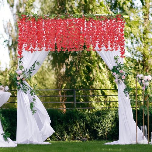 ARTKAIKE Artificial Flowers Garland for Home Decor, Fake Wisteria Vine Silk Hanging Plant Flower for Room Bathroom Wall Kitchen Bedroom Garden Outdoor Wedding Decor (4, Red) - color: Red