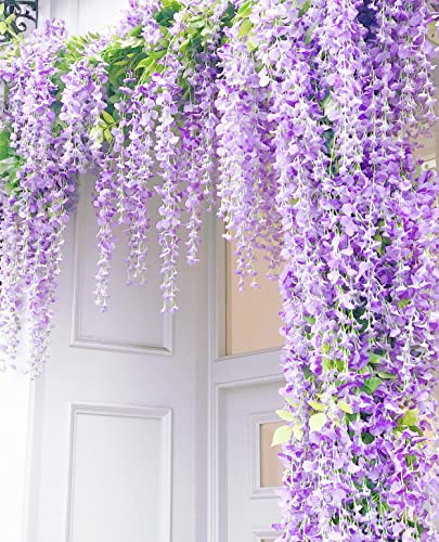 6pcs Artificial Wisteria Flowers 3.6 Feet/Piece Purple Dense Artificial Fake Wisteria Vine Ratta Hanging Garland Silk Flowers String Home Party Wedding Decor（Purple-Dense） - color: Purple, size: 6 PCS