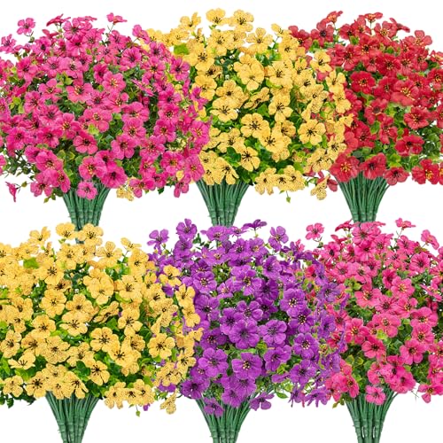 Bassion Artificial Flowers for Outdoors, 16 Bundles UV Resistant Fake Flowers Realistic Silk Faux Plants for Outdoor Planter Window Box Porch Patio Garden Home Outside Decorations - color: Purple Fuchsia Red Yellow