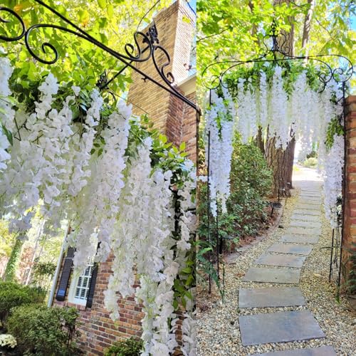 HUAHUA Artificial Wisteria Flowers, White Dense Artificial Fake Wisteria Vine Ratta Hanging Garland Silk Flowers String for Home Party Wedding Decor (24pcs White) - color: 24pcs White