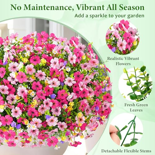 BLEUM CADE 12 Bundles Artificial Flowers for Outdoors, UV Resistant Fake Outdoor Flowers, Realistic Faux Outdoor Flowers for Decoration, Outside Fake Plants for Porch Garden Decor - color: Mixed Pink, size: 12 Pack