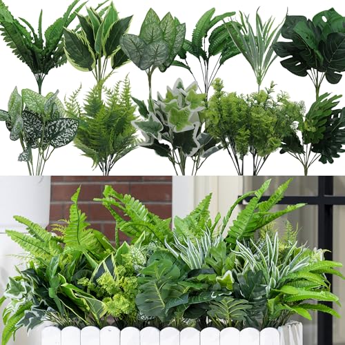 Green Moon 14PCS Artificial Plants Outdoor, Faux Fern and Greenery Stems | UV Resistant Faux Outdoor plants, Fake Shrubs Plants for Patio Garden, Front Porch, Window Box, Spring Summer Home Decor - color: Greenery