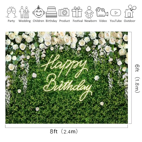 Riyidecor Green Leaves Birthday Backdrop Polyester Fabric for Women Flower Wall 8Wx6H Feet White Rose Floral Elegant Happy Birthday for Girls Photography Background Birthday Party Photo Studio Shoot - color: A-Birthday （White Rose）, size: 8Wx6H