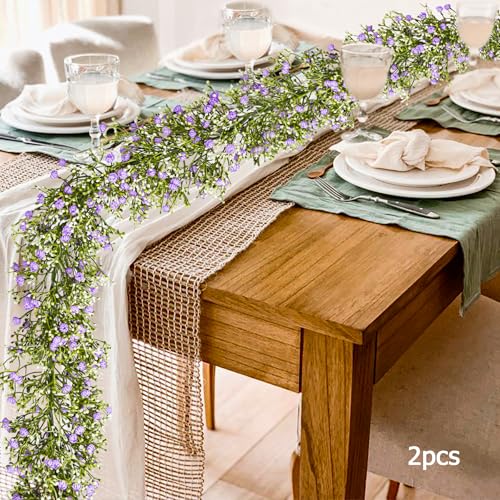 Artificial Baby Breath Flower Vines, Babys Breath Artificial Flowers Real Touch Faux Gypsophila Hanging Fake Baby's Breath Garlands for Wedding and Baby Shower Decor 2Pcs 5.8ft（Purple） - color: Purple